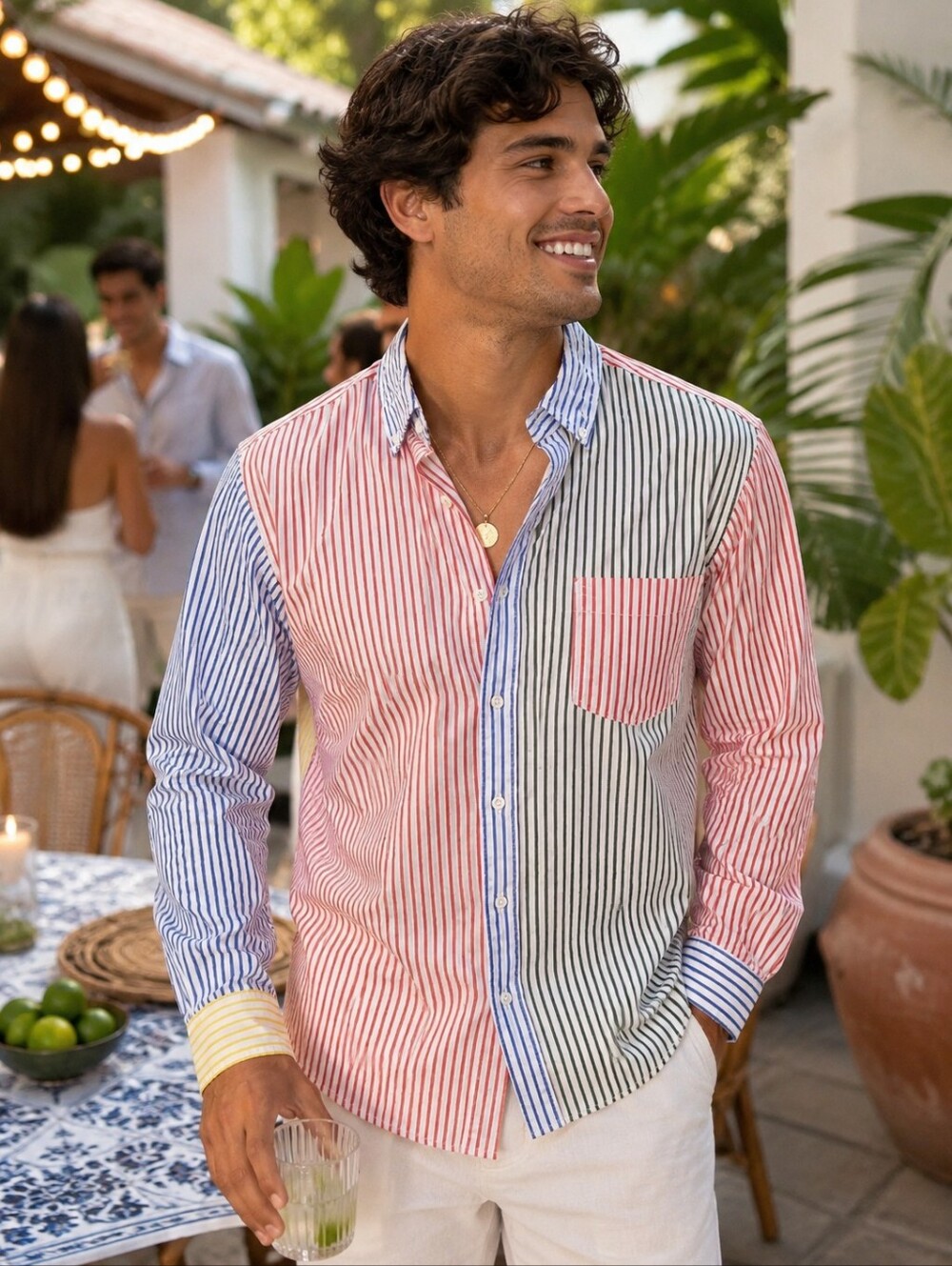 J.Crew Mens M Patchwork Stripe Button Down Shirt Preppy Coastal Old Money